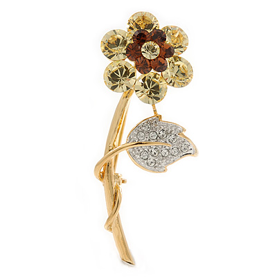 CZ Crystal Daisy Flower Brooch In Gold Plated Metal - 50mm L - main view