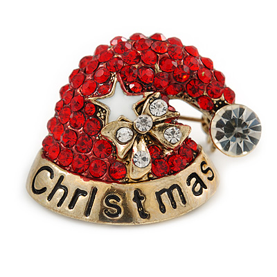 Red/ Clear Christmas Santa Clause Saint St. Nick Hat Brooch In Gold Tone - 30mm L - main view