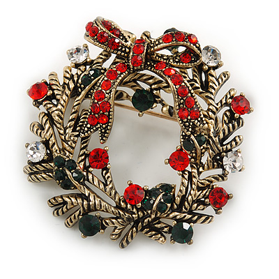 Vintage Inspired Red/ Green/ Clear Crystal Christmas Holly Wreath Brooch In Antique Gold Tone - 42mm D - main view