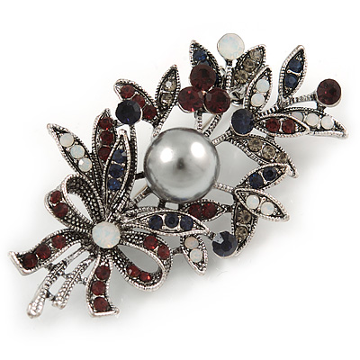 Vintage Inspired Crystal Floral Brooch In Silver Tone Metal - 60mm L