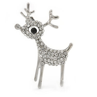 Clear Crystal Christmas Reindeer Brooch In Silver Tone Metal - 40mm - main view