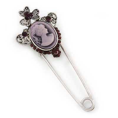 Crystal Purple Cameo Safety Pin Brooch In Silver Tone - 70mm L - main view