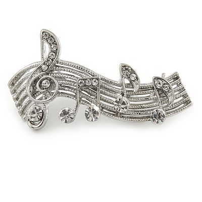 Clear Crystal Musical Notes Brooch In Silver Tone Metal - 42mm - main view