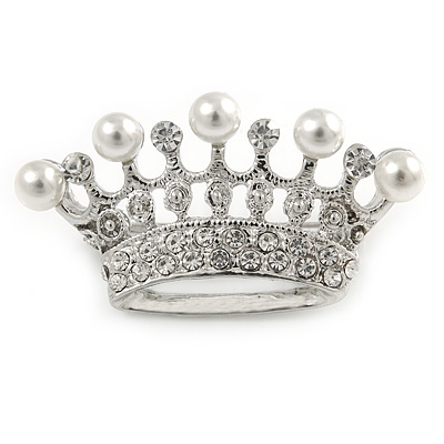 Clear Crystal Faux Pearl Crown Brooch In Silver Tone Metal - 45mm - main view
