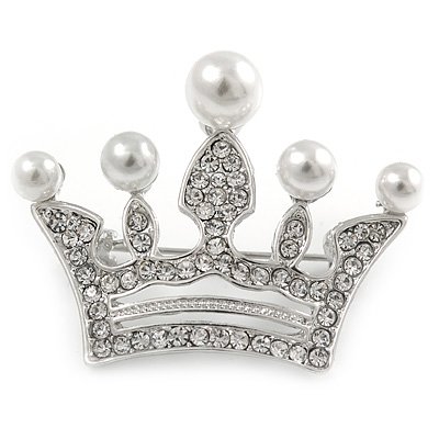 Clear Crystal Faux Pearl Crown Brooch In Silver Tone Metal - 40mm - main view