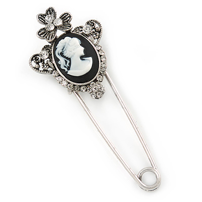 Crystal Black/ White Cameo Safety Pin Brooch In Silver Tone - 70mm L - main view