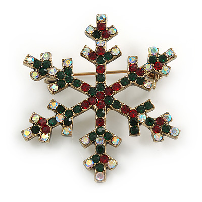 Vintage Inspired Green/ Ab/ Red Crystals Christmas Snowflake Brooch In Antique Gold Tone - 40mm - main view