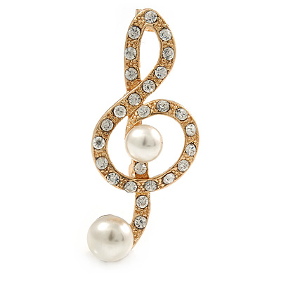Gold Plated Diamante Faux Pearl Treble Clef Brooch - 50mm L - main view