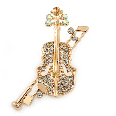 Clear/ AB Crystal Violin Brooch In Gold Tone Metal - 45mm L