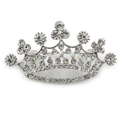 Clear Crystal Crown Brooch In Silver Tone Metal - 50mm W - main view
