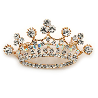 Clear Crystal Crown Brooch In Gold Tone Metal - 50mm W - main view
