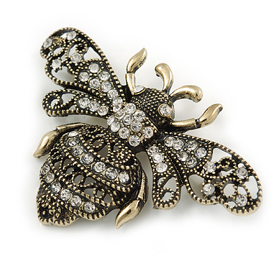 Vintage Inspired Crystal Bumble Bee Brooch In Aged Gold Tone - 60mm - main view