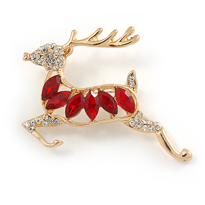 Clear/ Red Crystal Christmas Reindeer Brooch In Gold Plating - 45mm