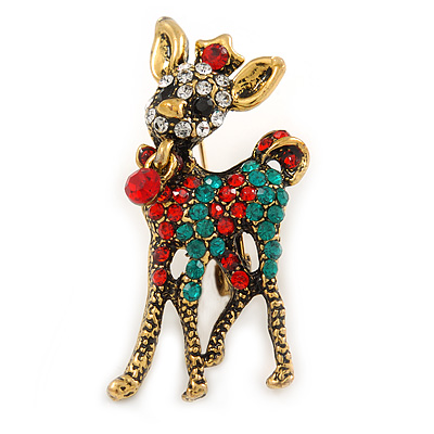 Clear/ Red/ Green Crystal Christmas Reindeer Brooch In Aged Gold Tone Metal - 40mm L - main view