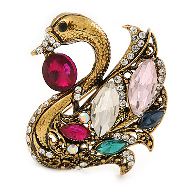 Vintage Inspired Multicoloured Swan Brooch in Aged Gold Tone Metal - 45mm L - main view