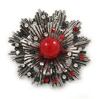 Vintage Inspired Red/ Green/ Clear Crystal Christmas Snowflake Brooch In Aged Silver Tone Metal - 45mm D