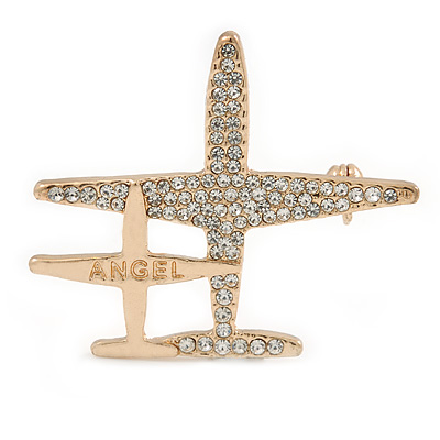 Double Aeroplane 'Angel' Clear Crystal Brooch In Gold Tone Metal - 45mm
