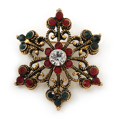 Small Vintage Inspired Red/ Green/ Clear Crystal Christmas Snowflake Brooch In Bronze Tone Metal - 35mm D - main view