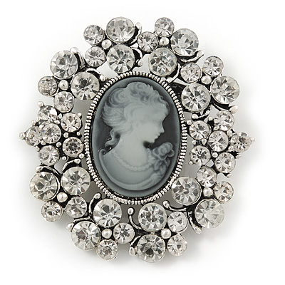 Vintage Inspired Clear Crystal Cameo Brooch In Aged Silver Tone Metal - 50mm L - main view
