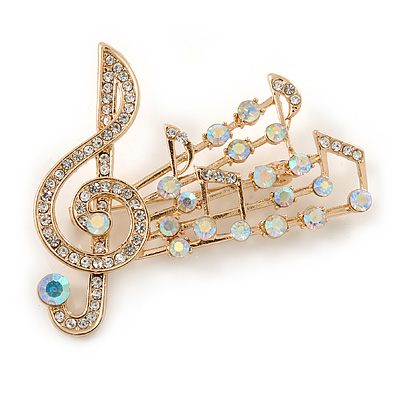 Gold Plated Clear/ Ab Crystal Musical Notes Brooch - 58mm W - main view