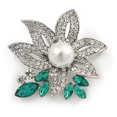 Stunning Clear/ Green Crystal Faux Pearl Flower Brooch In Rhodium Plated Metal - 45mm L - main view