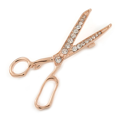Rose Gold Tone Clear Crystal Scissors Brooch - 55mm L - main view