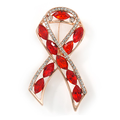 Clear/ Red Crystal Breast Cancer Awareness Ribbon Lapel Pin In Rose Gold Tone Metal - 45mm L - main view