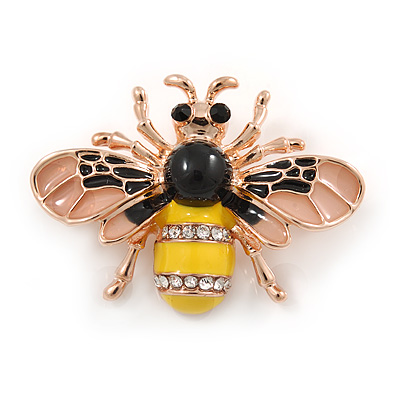Small Yellow/ Black/ Natural Enamel Crysal Bee Brooch In Rose Gold Tone - 35mm W