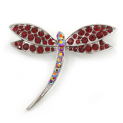 Classic Burgundy Red Crystal Dragonfly Brooch In Rhodium Plating - 60mm W