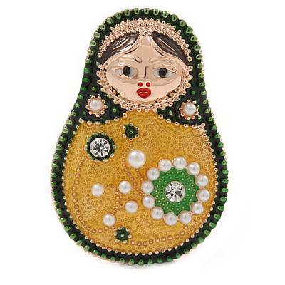 Quirky Green/ Yellow Faux Pearl Bead Matryoshka/ Nested Russian doll Brooch/ Pendant In Rose Gold Tone - 40mm L - main view