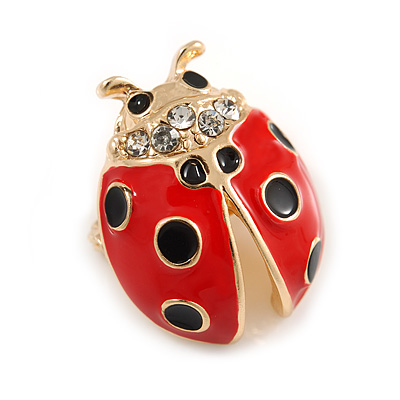 Small Red/ Black Ladybug Brooch In Gold Plated Metal - 20mm Tall - main view