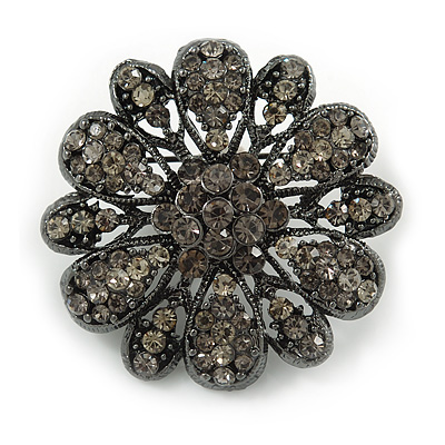 Vintage Inspired Grey Coloured Austrian Crystal Floral Brooch In Gun Metal Tone - 43mm D - main view