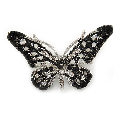 Small Black/ Milky White/ Clear Crystal Butterfly Brooch In Silver Tone - 40mm Across - main view