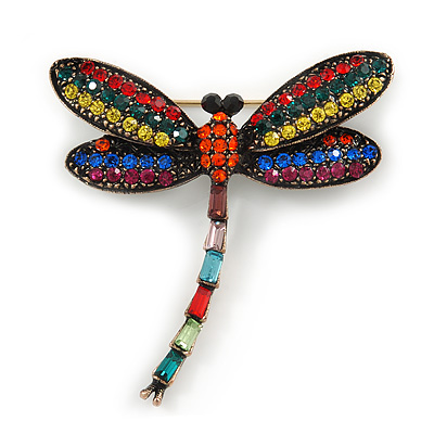 Vintage Inspired Multicoloured Crystal Dragonfly Brooch In Antique Gold Tone - 45mm Tall