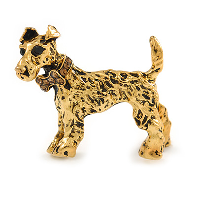 Vintage Inspired Crystal Dog Brooch In Antique Gold Tone Metal - 40mm Across - main view