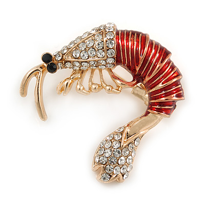 Funky Clear Crystal Red Enamel Prawn/ Shrimp Brooch In Gold Tone - 30mm Across - main view