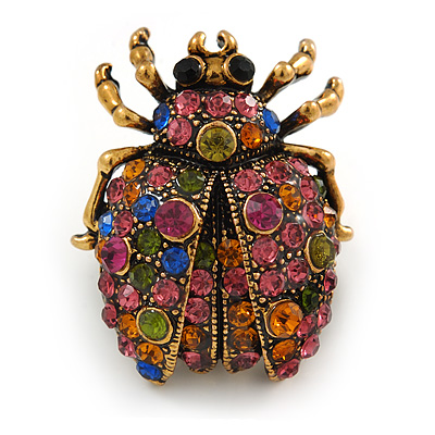 Vintage Inspired Multicoloured Crystal Ladybug Brooch In Antique Gold Tone - 32mm Tall - main view