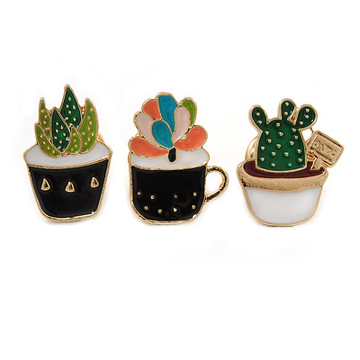 3 Pcs Funky Enamel Cactus, Grass, Aloe Vera Potted Plant Brooch Set for Clothes/ Bags/ Backpacks/ Jackets - 30mm Tall