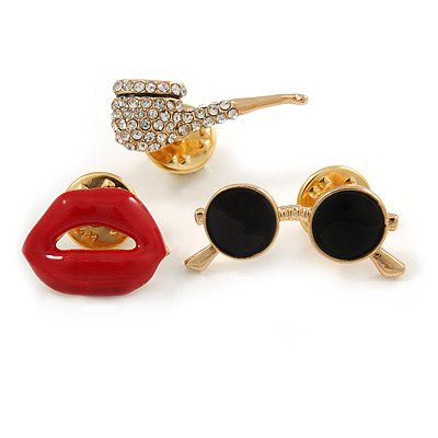 3 Pcs Funky Enamel Glasses, Lips, Pipe Brooch Set for Clothes/ Bags/ Backpacks/ Jackets - 30mm - main view