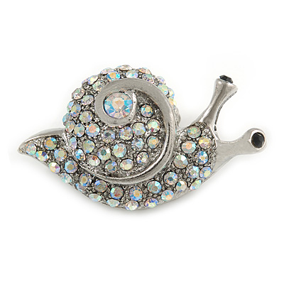 Small Cute AB Crystal Snail Brooch In Silver Tone Metal - 35mm Across - main view