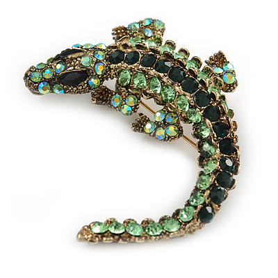 Vintage Inspired Green Crystal Crocodile Brooch/ Pendant In Antique Gold Tone Metal - 50mm Long - main view