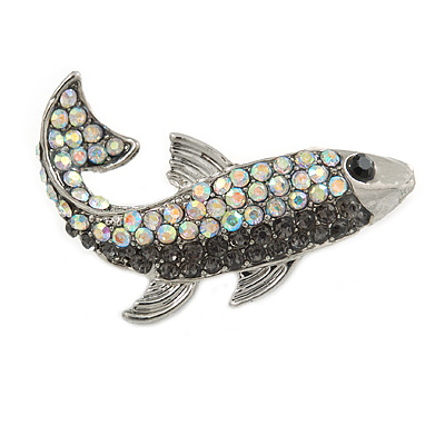 Small Quirky AB/ Black Crystal Fish Brooch In Silver Tone Metal - 35mm Across