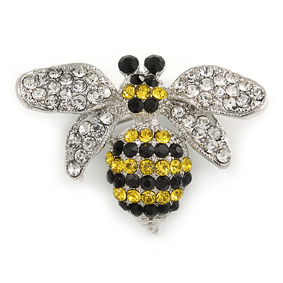 Small Clear/ Black/ Yellow Crystal Bee Brooch In Silver Tone Metal - 35mm Across - main view