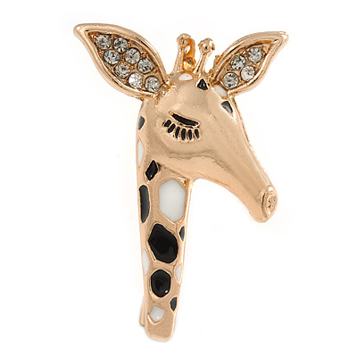 Crystal, Black/ White Enamel Giraffe's Head Brooch In Gold Tone - 35mm Tall - main view