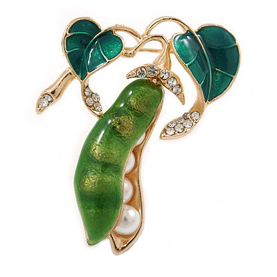 Stunning Green Enamel with Faux Glass Pearl Pea Pod Brooch In Gold Tone Metal - 40mm Tall - main view