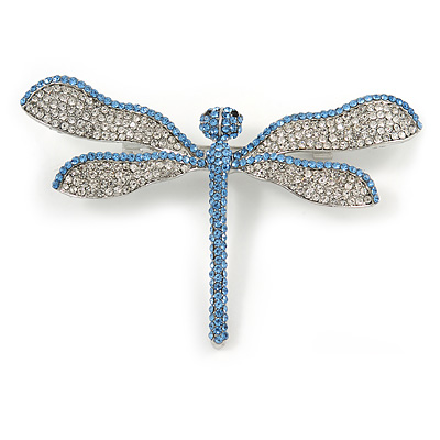 Statement Clear/ Light Blue Crystal Dragonfly Brooch In Silver Tone Metal - 75mm Across - main view