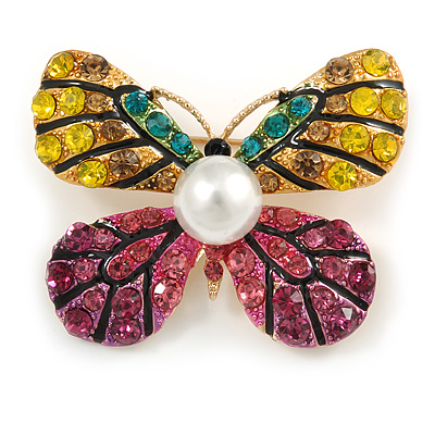 Yellow/ Pink Crystal Butterfly Brooch In Gold Tone Metal - 40mm Across