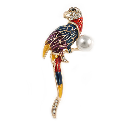 Multicoloured Enamel, Diamante Exotic Parrot Bird Brooch In Gold Plated Metal - 63mm Tall