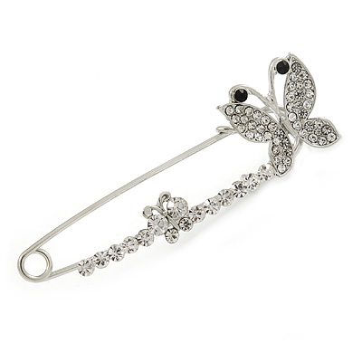 Clear Crystal Double Butterfly Safety Pin Brooch In Silver Tone - 80mm L - main view