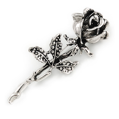 Vintage Inspired Oxidized Rose Brooch/ Pendant In Silver Tone - 73mm L - main view